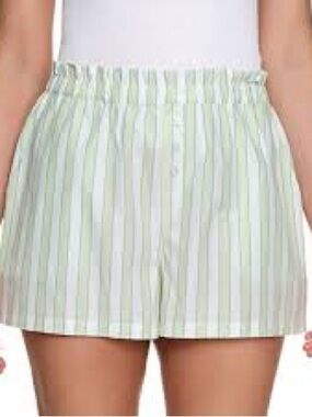 LOFT Green and White Striped Elastic-Waist Short Pajamas
